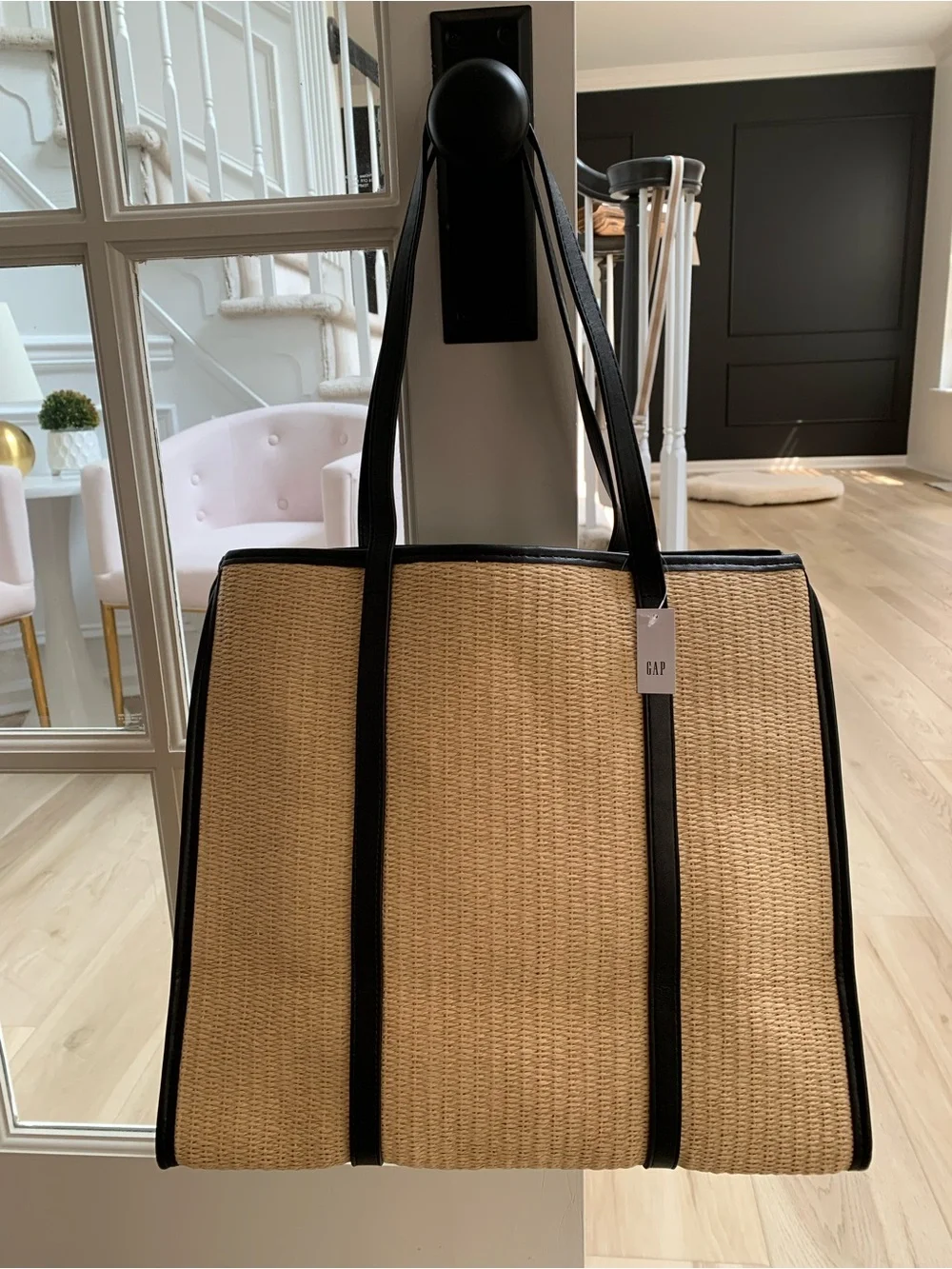GAP Natural Straw Tote with Black Trim